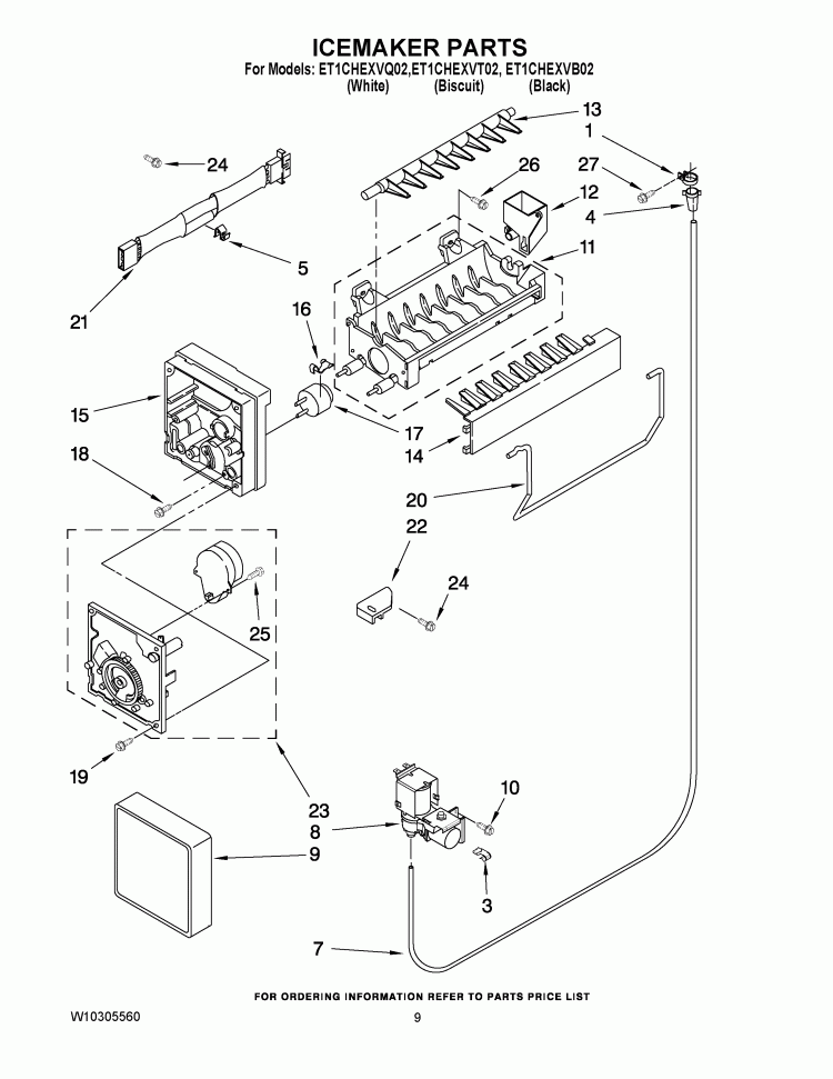 ICEMAKER PARTS Diagram and Parts List for ET1CHEXVB02  Whirlpool Refrigerator