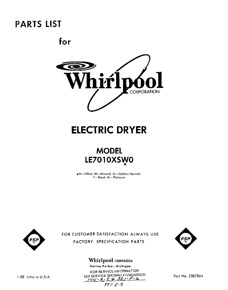 SECTION Diagram and Parts List for LE7010XSW0  Whirlpool Dryer