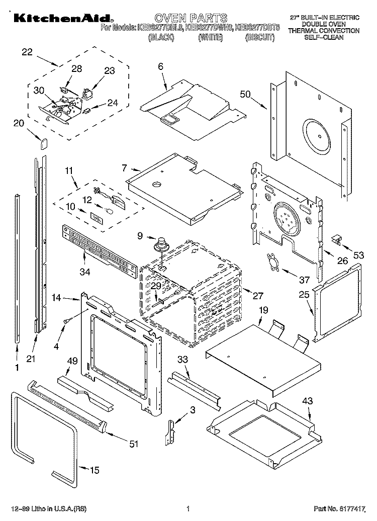 OVEN Diagram and Parts List for KEBS277DBT8  KitchenAid Wall Oven