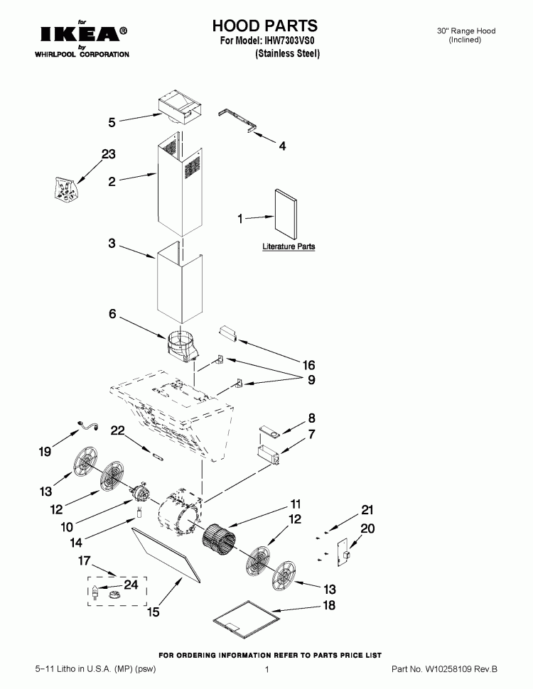 HOOD PARTS Diagram and Parts List for IHW7303VS0  Whirlpool Range Hood