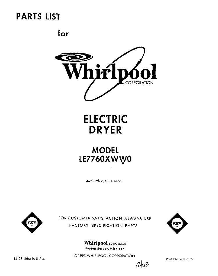 SECTION Diagram and Parts List for LE7760XWN0  Whirlpool Dryer