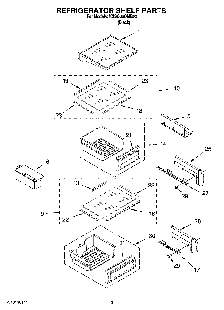 REFRIGERATOR SHELF PARTS Diagram and Parts List for KSSO36QMB03  KitchenAid Refrigerator