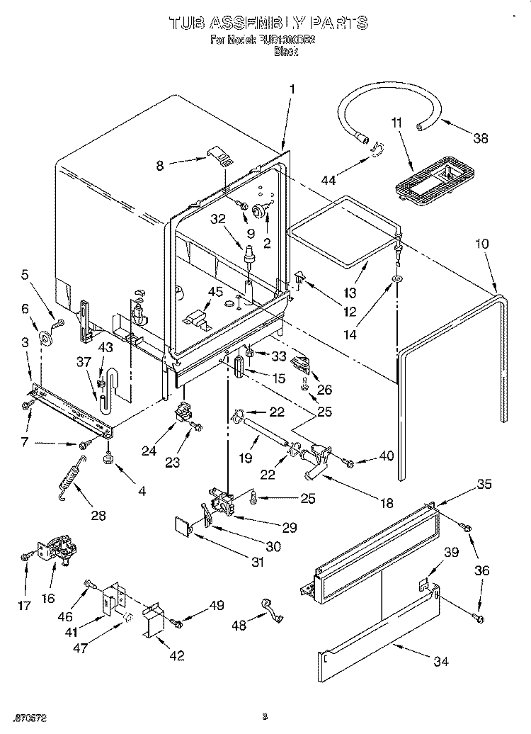 TUB ASSEMBLY Diagram and Parts List for RUD1000DB2  Roper Dishwasher