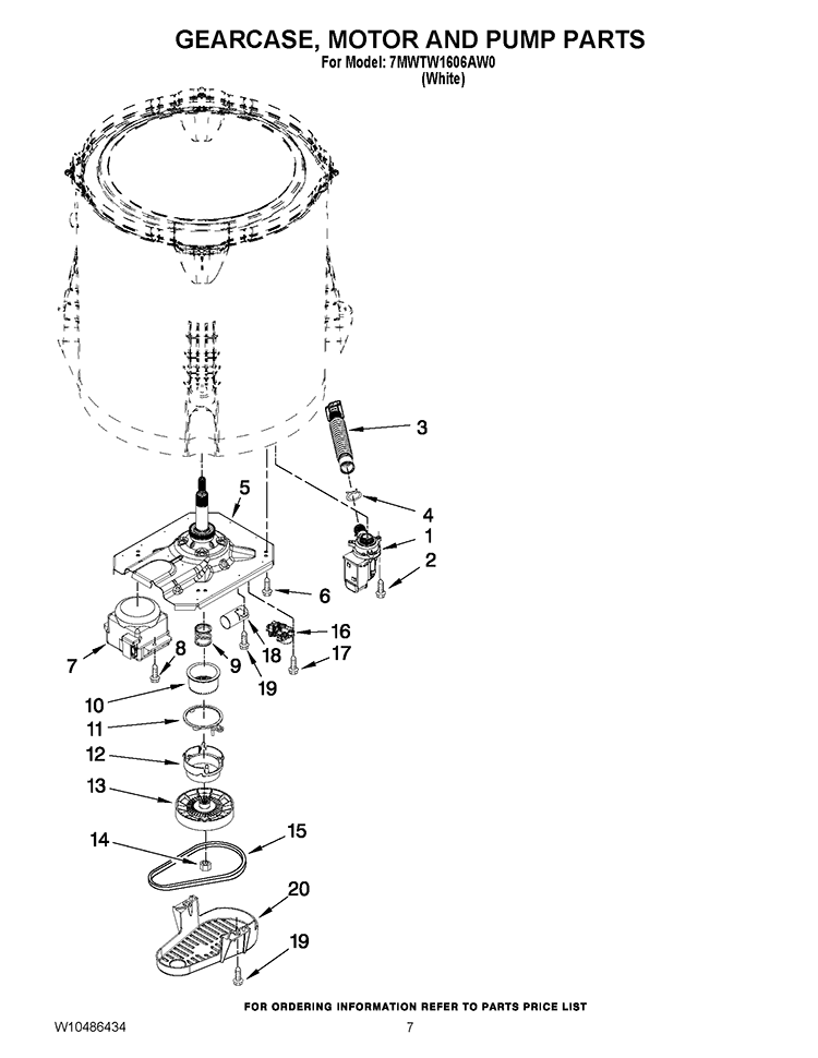GEARCASE, MOTOR AND PUMP PARTS Diagram and Parts List for 7MWTW1606AW0  Whirlpool Washer