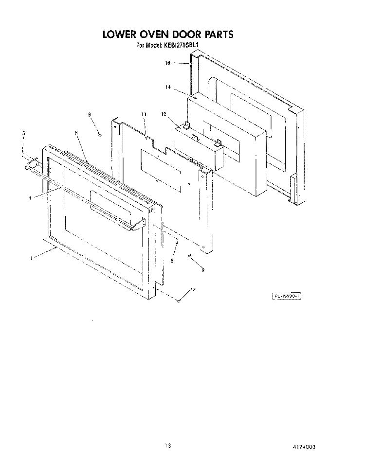 LOWER OVEN DOOR Diagram and Parts List for KEBI270SBL1  KitchenAid Wall Oven