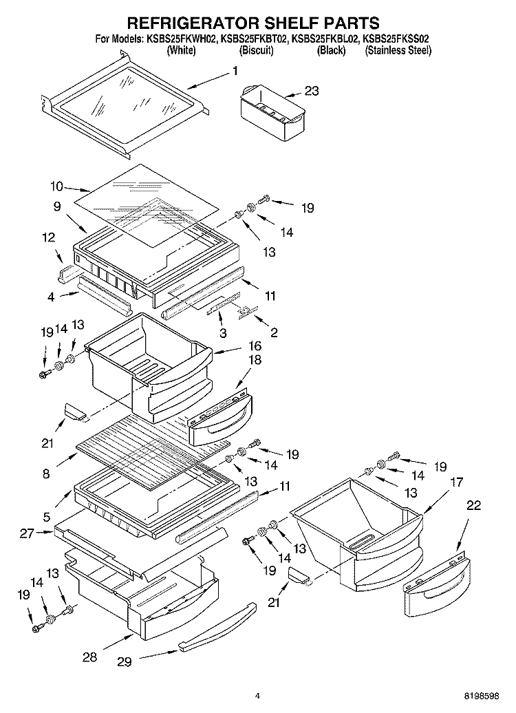 REFRIGERATOR SHELF PARTS Diagram and Parts List for KSBS25FKBL02  KitchenAid Refrigerator