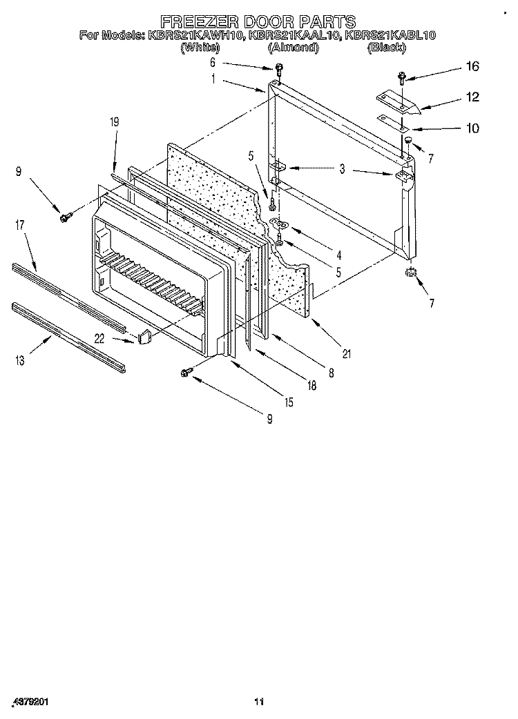 FREEZER DOOR Diagram and Parts List for KBRS21KABL10  KitchenAid Refrigerator