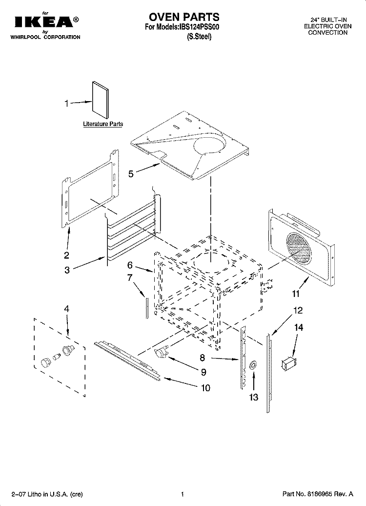 OVEN PARTS Diagram and Parts List for IBS124PSS00  Whirlpool Wall Oven