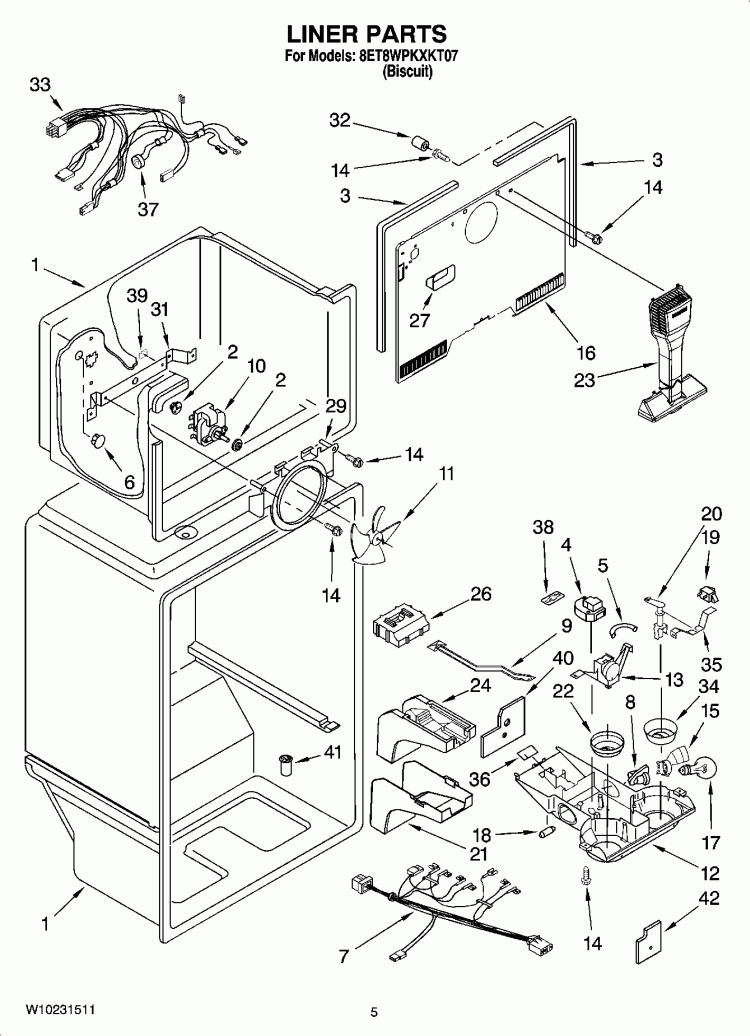 LINER PARTS Diagram and Parts List for 8ET8WPKXKT07  Whirlpool Refrigerator