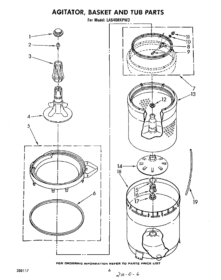 AGITATOR, BASKET AND TUB Diagram and Parts List for LA5400XPW3  Whirlpool Washer