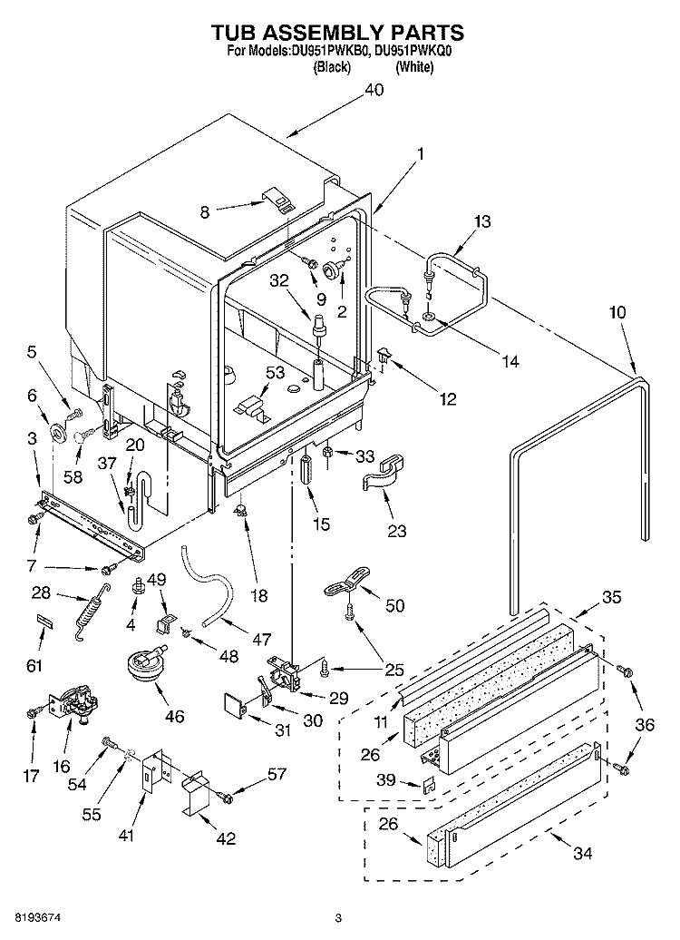 TUB ASSEMBLY Diagram and Parts List for DU951PWKB0  Whirlpool Dishwasher