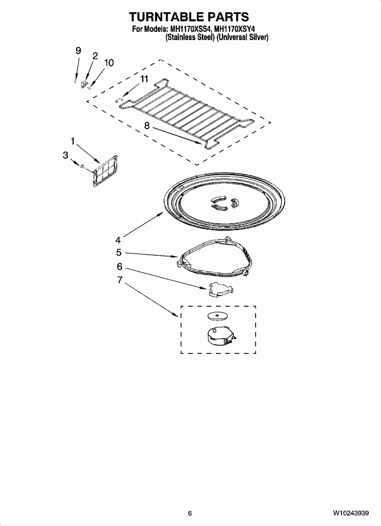 TURNTABLE PARTS Diagram and Parts List for MH1170XSS4  Whirlpool Microwave