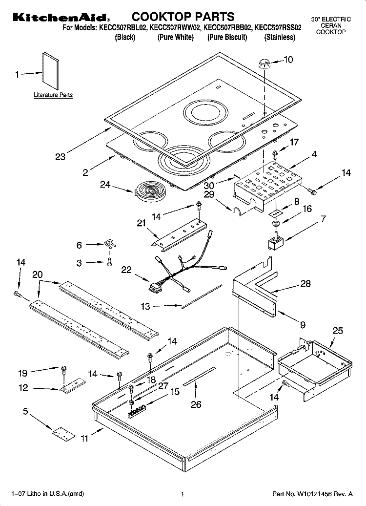 COOKTOP PARTS, OPTIONAL PARTS Diagram and Parts List for KECC507RSS02  KitchenAid Cooktop