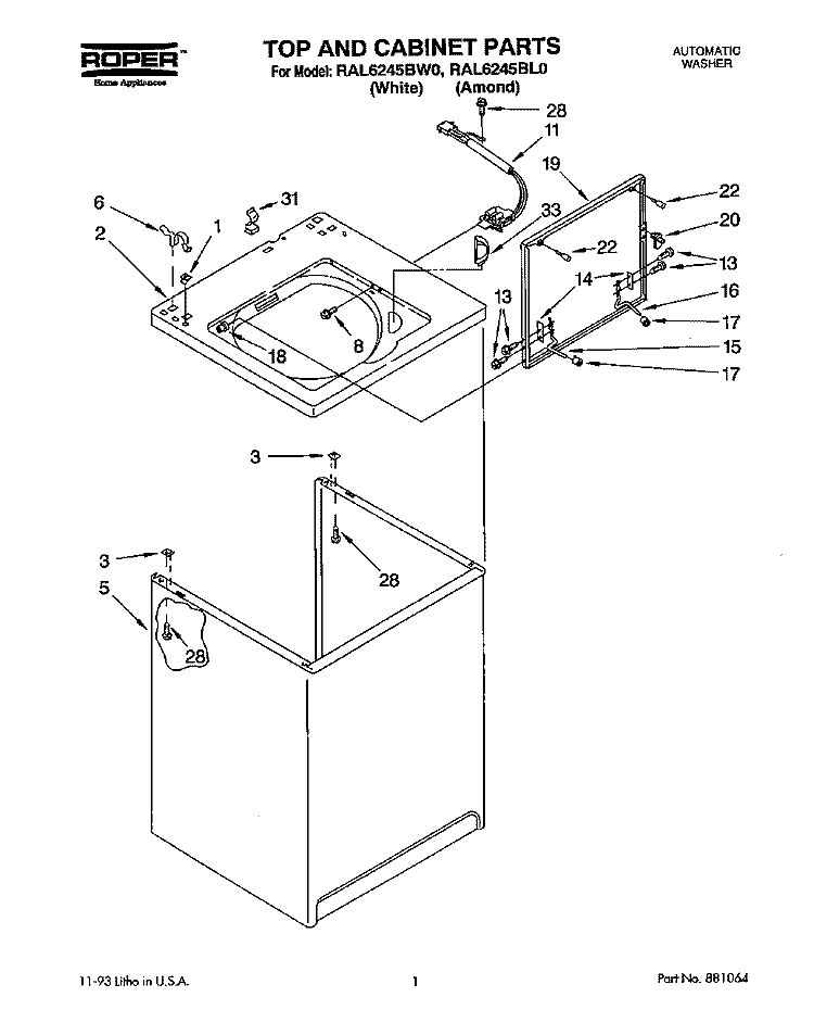 TOP AND CABINET, LITERATURE/OPTIONA Diagram and Parts List for RAL6245BL0  Whirlpool Washer