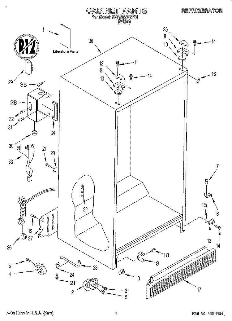 CABINET, LITERATURE Diagram and Parts List for 3XARG478F01  Whirlpool Refrigerator