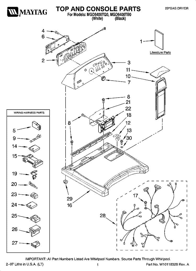 TOP AND CONSOLE PARTS Diagram and Parts List for MGD6400TQ0  Maytag Dryer