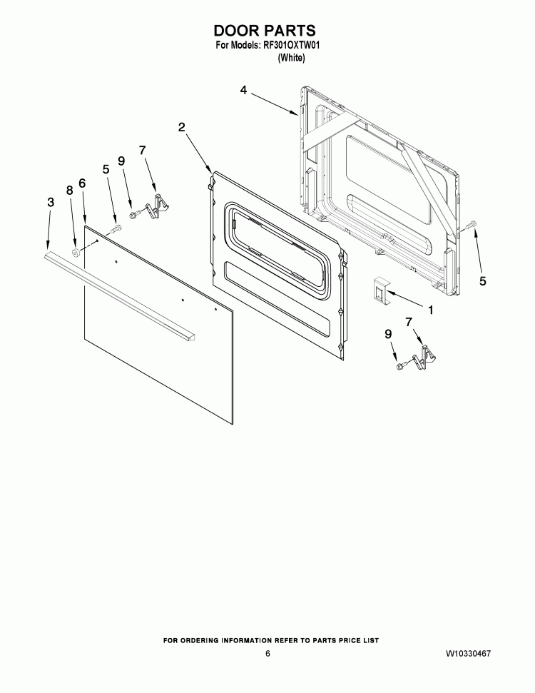DOOR PARTS Diagram and Parts List for RF301OXTW01  Whirlpool Range