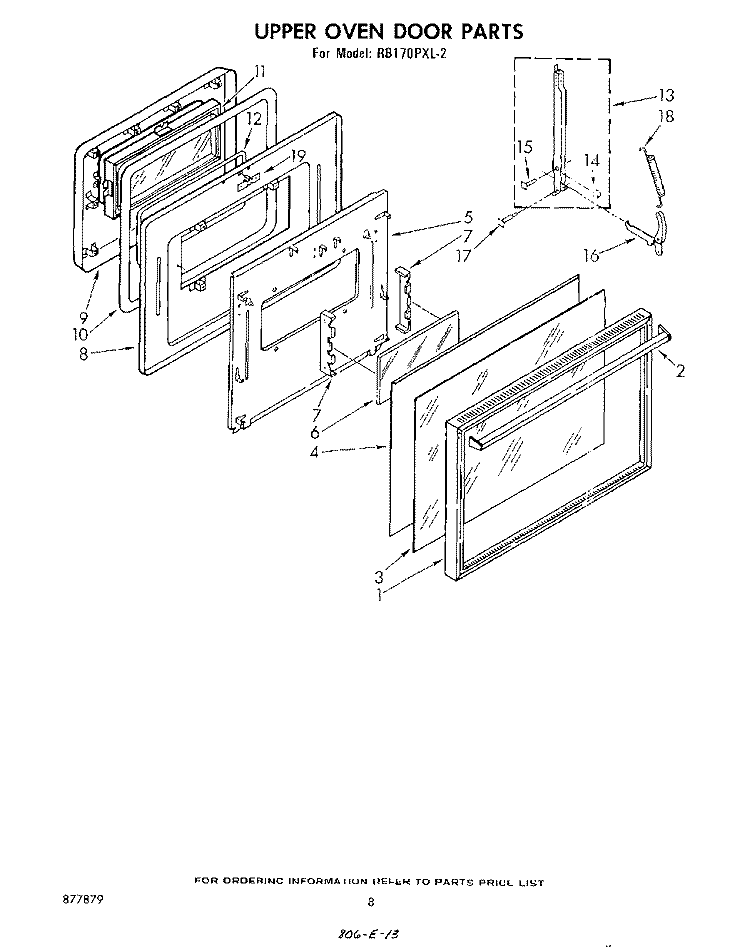 UPPER OVEN DOOR Diagram and Parts List for RB170PXL2  Whirlpool Wall Oven