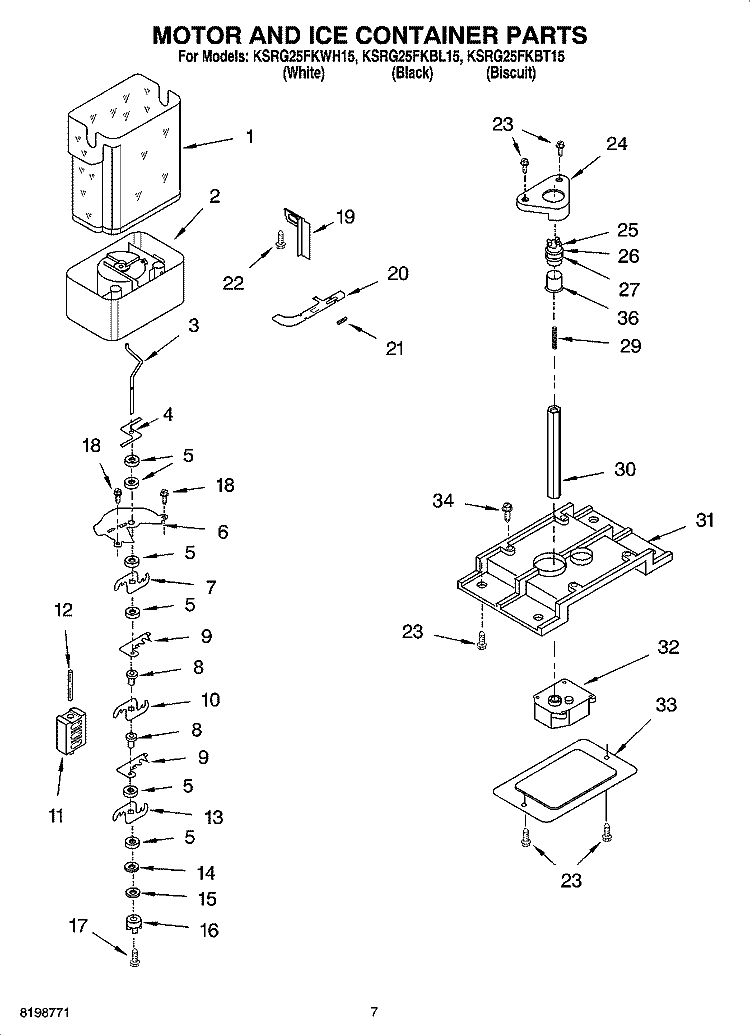 MOTOR AND ICE CONTAINER PARTS Diagram and Parts List for KSRG25FKBL15  KitchenAid Refrigerator