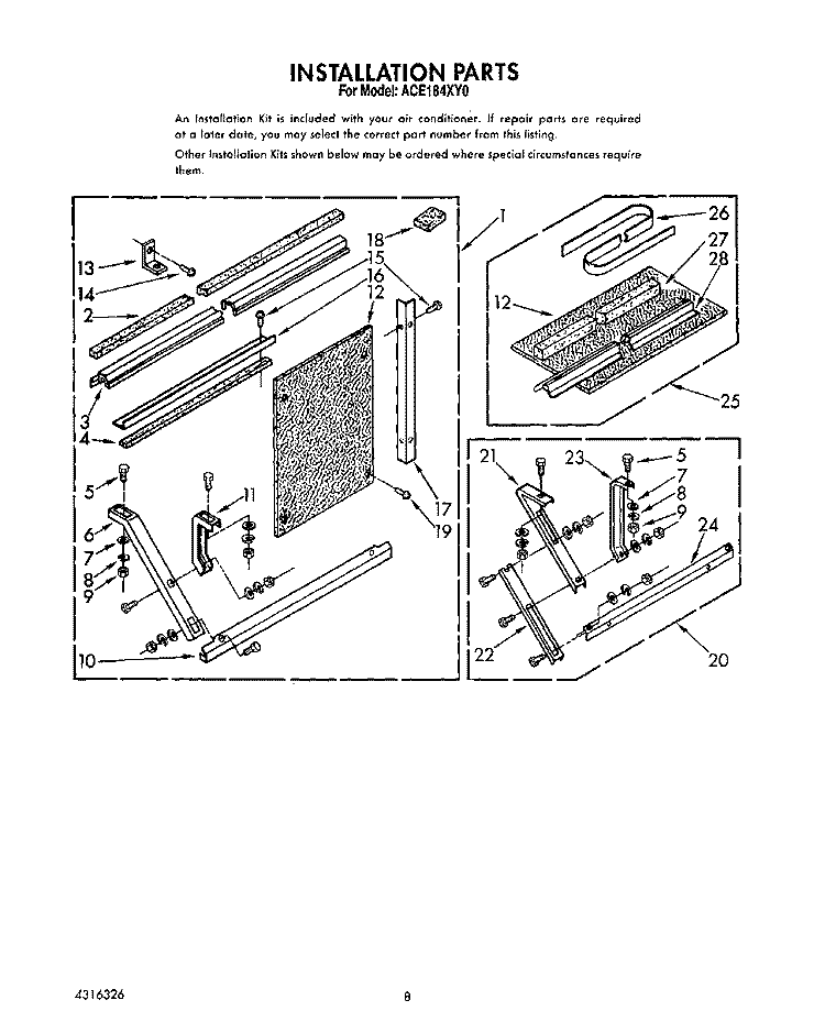 INSTALLATION Diagram and Parts List for ACE184XY0  Whirlpool Air Conditioner