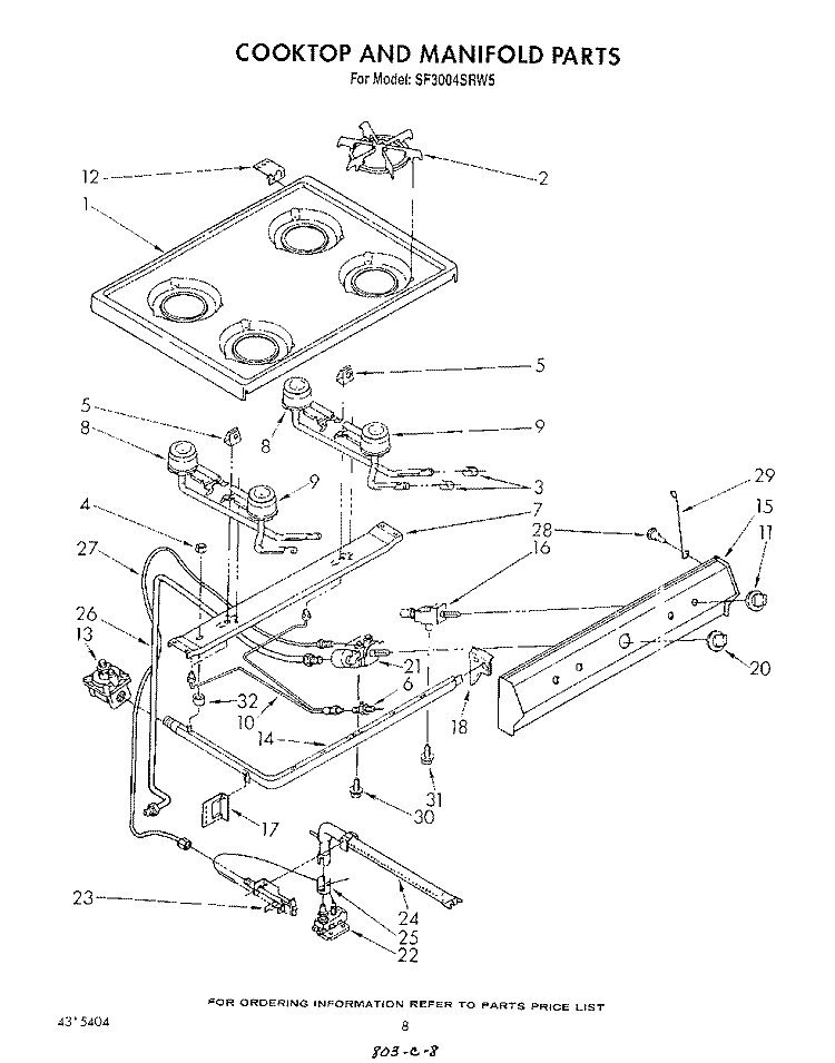 COOK TOP AND MANIFOLD , LITERATURE Diagram and Parts List for SF3004SRW5  Whirlpool Range