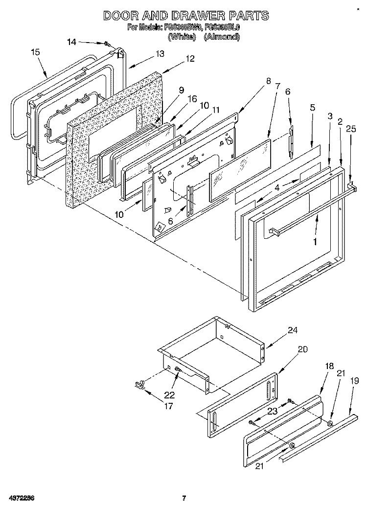 DOOR AND DRAWER Diagram and Parts List for FGS395BL0  Roper Range