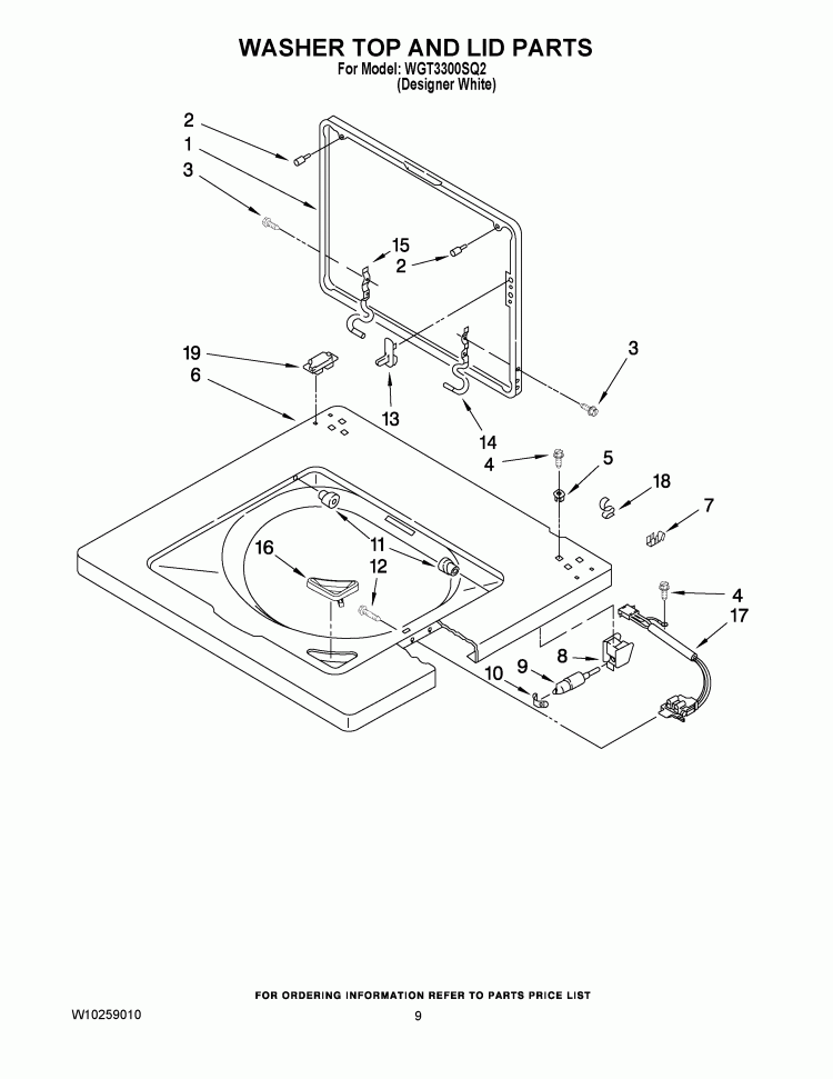 WASHER TOP AND LID PARTS Diagram and Parts List for WGT3300SQ2  Whirlpool Washer Dryer Combo