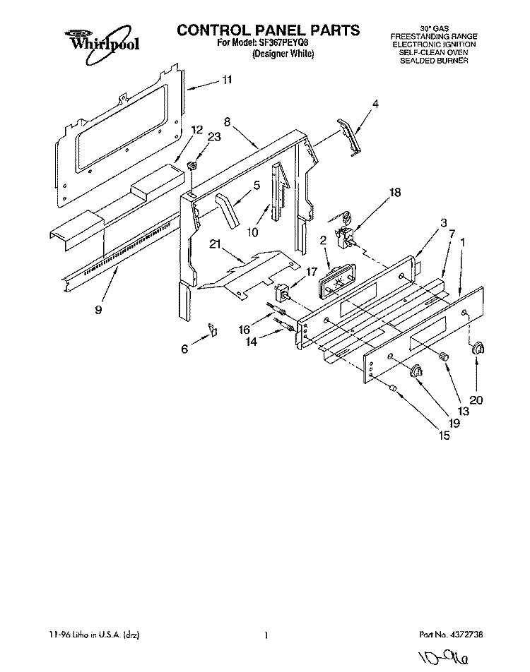 CONTROL PANEL Diagram and Parts List for SF367PEYQ8  Whirlpool Range