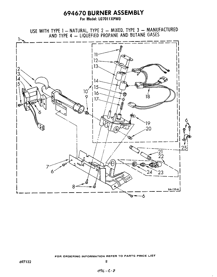 694670 BURNER Diagram and Parts List for LG7011XPW0  Whirlpool Dryer