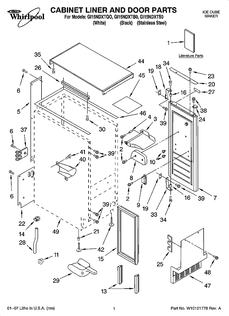 CABINET LINER AND DOOR PARTS Diagram and Parts List for GI15NDXTQO  Whirlpool Ice Maker
