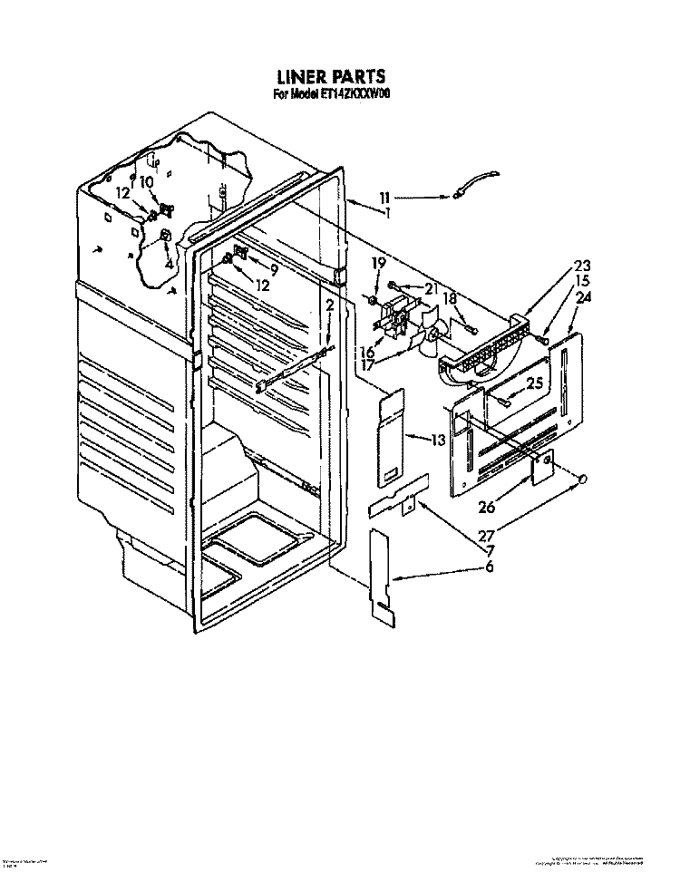 LINER Diagram and Parts List for ET14ZKXXG00  Whirlpool Refrigerator