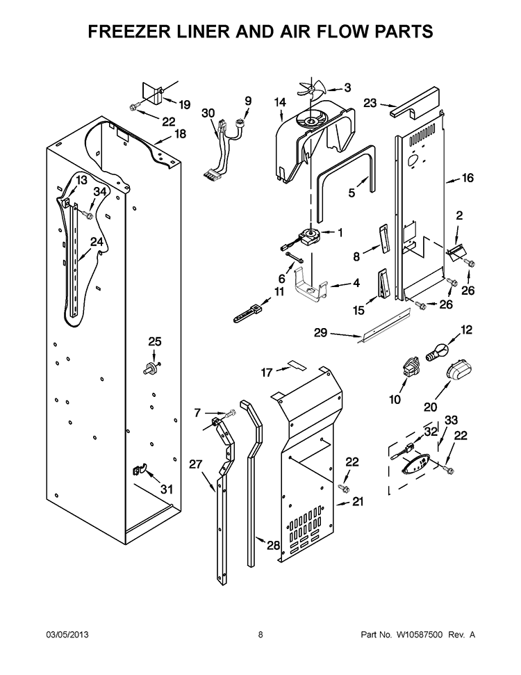 FREEZER LINER AND AIR FLOW PARTS Diagram and Parts List for KSSO36FTX17  KitchenAid Refrigerator