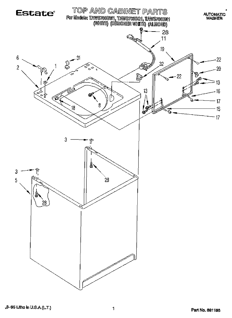 TOP AND CABINET, LIT/OPTIONAL Diagram and Parts List for TAWS700BN1  Estate Washer