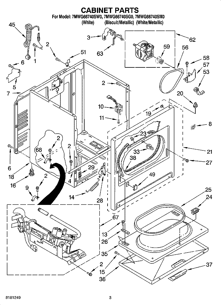 CABINET PARTS Diagram and Parts List for 7MWG66740SW0  Whirlpool Dryer