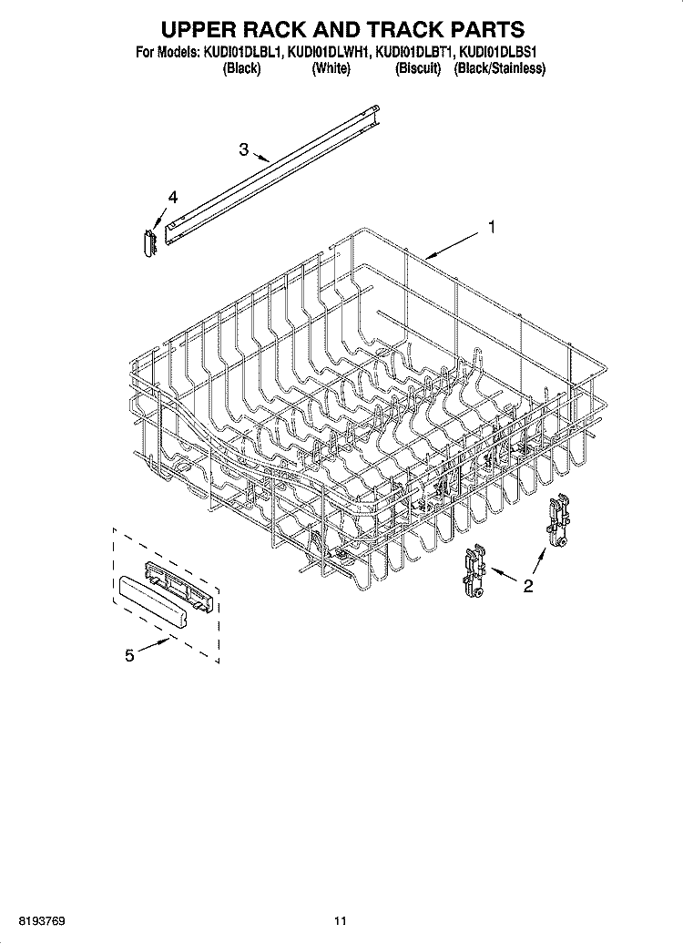 UPPER RACK AND TRACK PARTS Diagram and Parts List for KUDI01DLBT1  KitchenAid Dishwasher