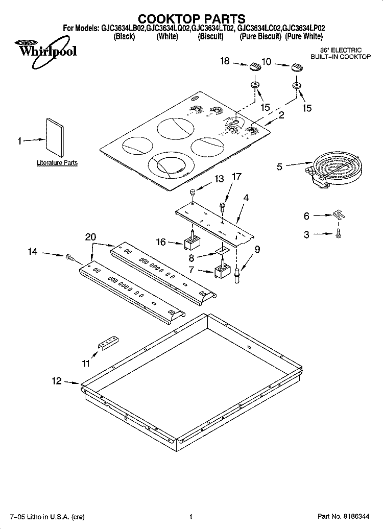 COOKTOP PARTS, OPTIONAL PARTS Diagram and Parts List for GJC3634LP02  Whirlpool Cooktop