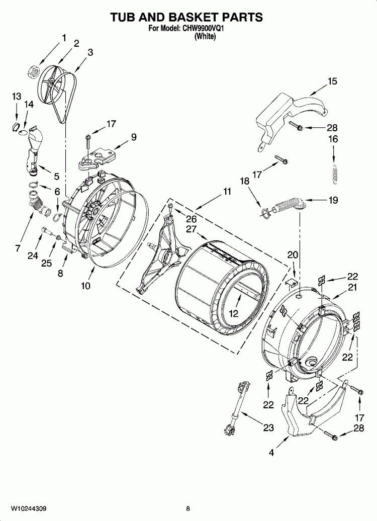 TUB AND BASKET PARTS Diagram and Parts List for CHW9900VQ1  Whirlpool Washer