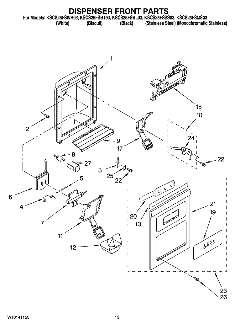 DISPENSER FRONT PARTS Diagram and Parts List for KSCS25FSBL03  KitchenAid Refrigerator