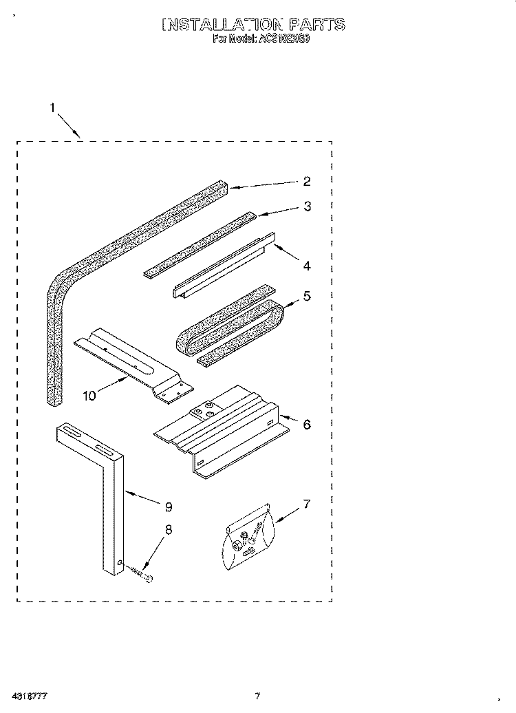 INSTALLATION Diagram and Parts List for ACS102XG0  Whirlpool Air Conditioner