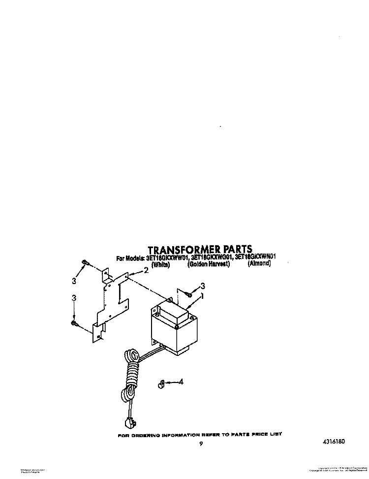 TRANSFORMER Diagram and Parts List for 3ET18GKXWW01  Whirlpool Refrigerator