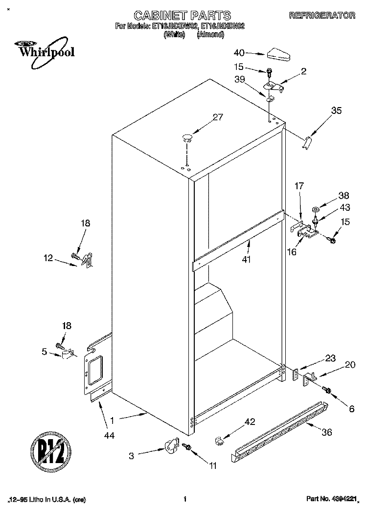 CABINET Diagram and Parts List for ET16JMXDN02  Whirlpool Refrigerator