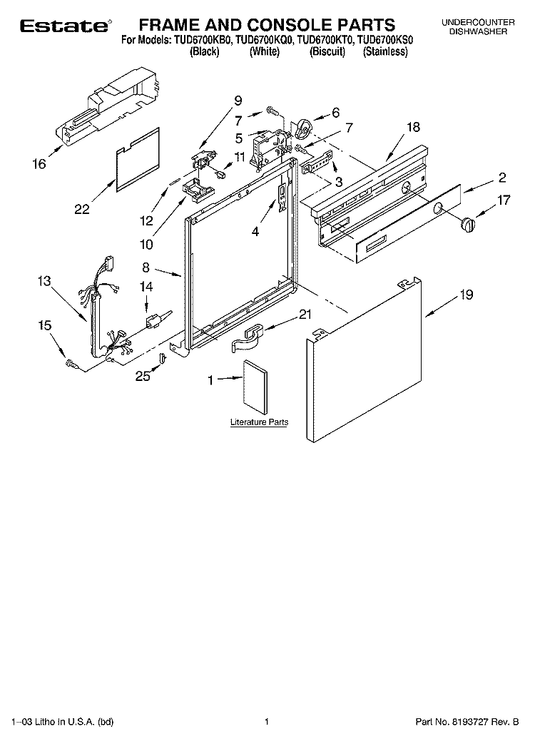 FRAME AND CONSOLE PARTS Diagram and Parts List for TUD6700KB0  Estate Dishwasher