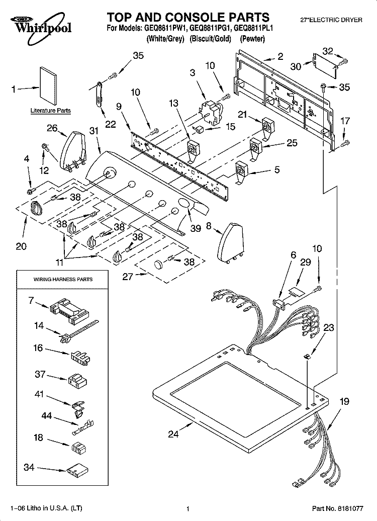 TOP AND CONSOLE PARTS Diagram and Parts List for GEQ8811PL1  Whirlpool Dryer