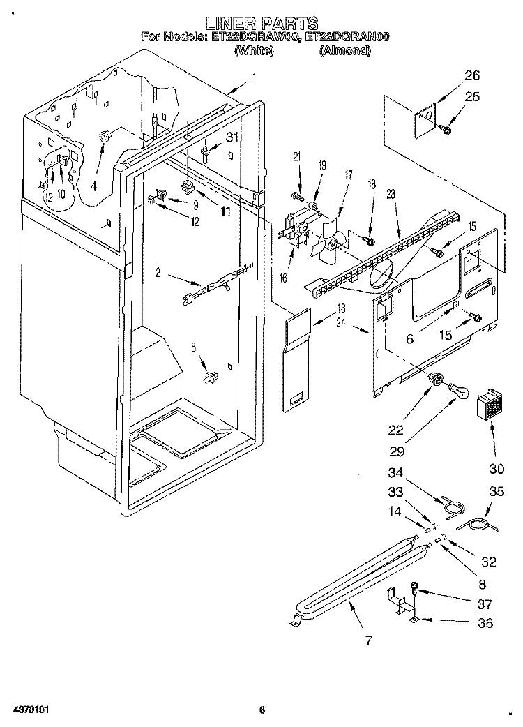 LINER Diagram and Parts List for ET22DQRAN00  Whirlpool Refrigerator