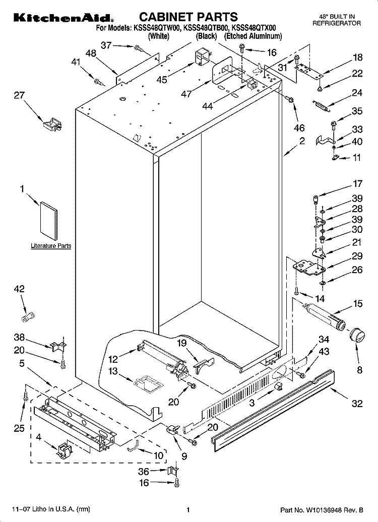 CABINET PARTS Diagram and Parts List for KSSS48QTX00  KitchenAid Refrigerator
