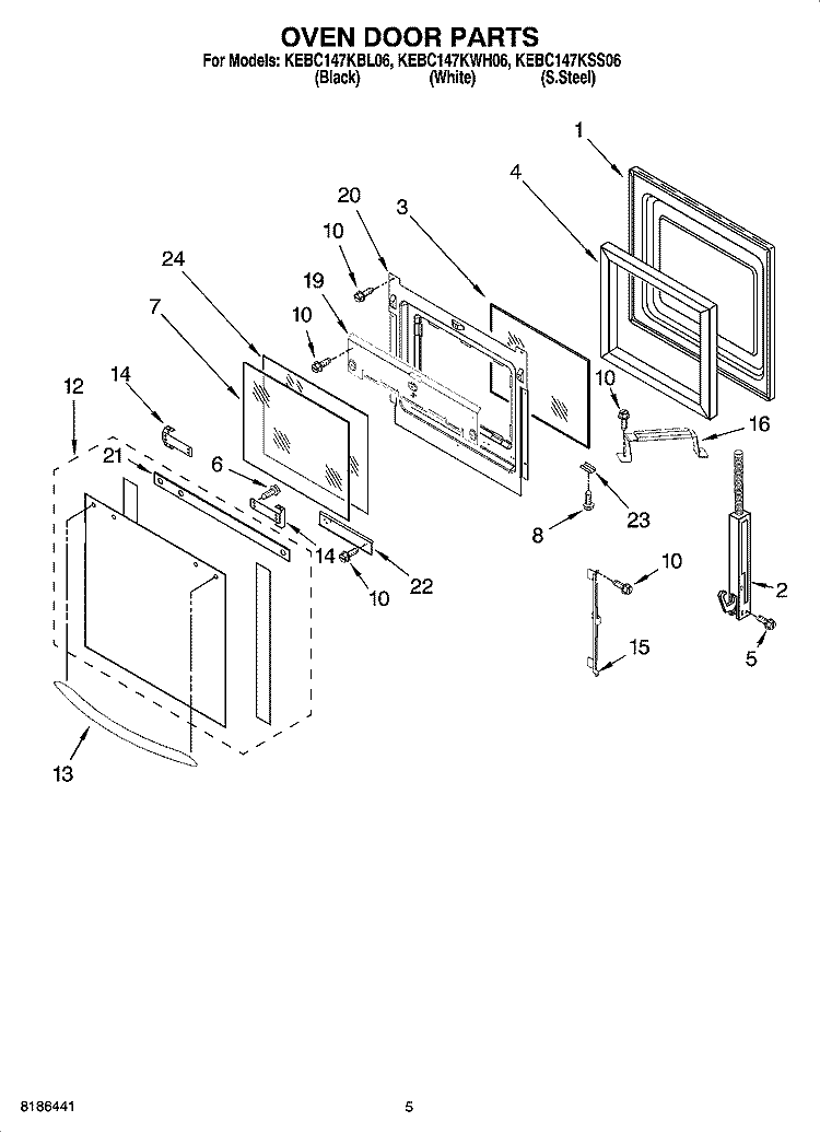 OVEN DOOR PARTS Diagram and Parts List for KEBC147KWH06  KitchenAid Wall Oven