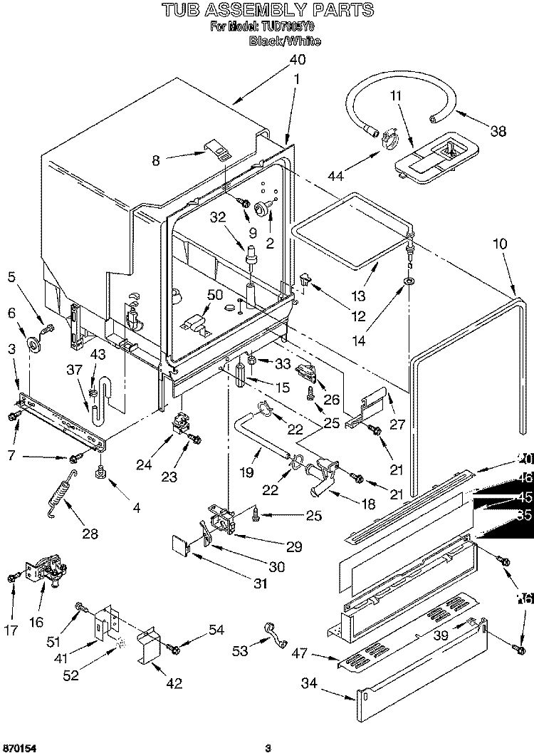 TUB ASSEMBLY Diagram and Parts List for TUD7005Y0  Whirlpool Dishwasher