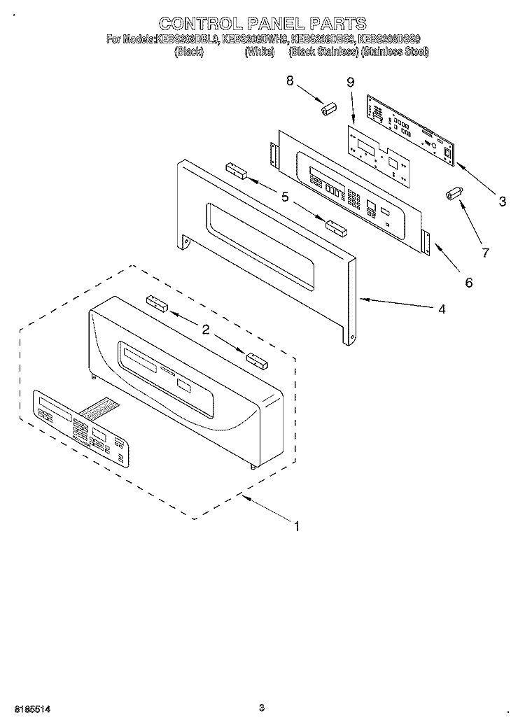 CONTROL PANEL Diagram and Parts List for KEBS208DWH9  KitchenAid Wall Oven