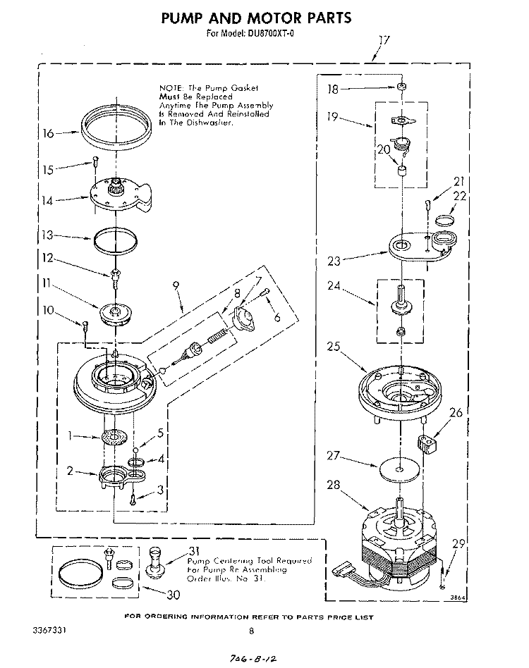 PUMP AND MOTOR Diagram and Parts List for DU8700XT0  Whirlpool Dishwasher