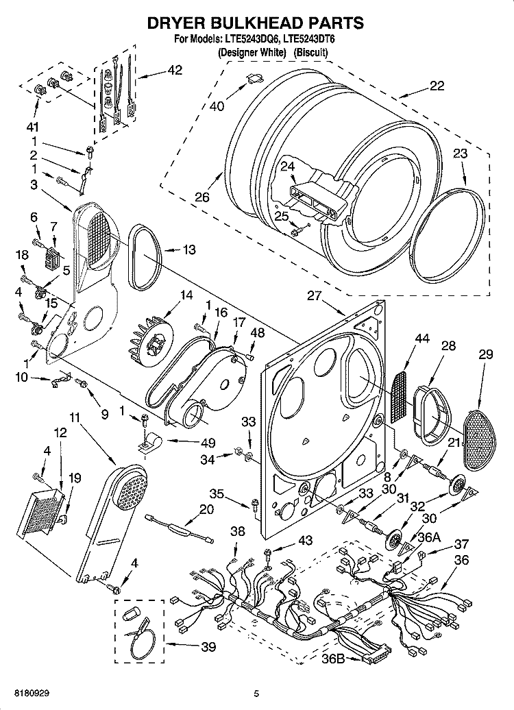 DRYER BULKHEAD PARTS Diagram and Parts List for LTE5243DQ6  Whirlpool Washer Dryer Combo